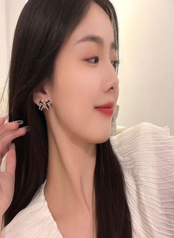 Eason1874 Bow Earrings for Women Rhinestone Drop Dangle Earrings Pearl Bowknot Trendy Ribbon Stud cute Earrings Gift (Black) - Image 2